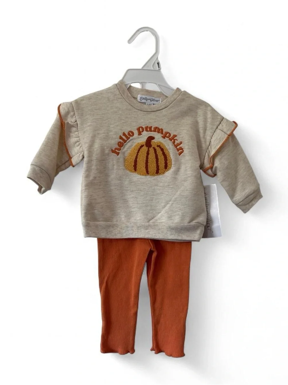 3-6M Girl 2 Piece Set Sweatshirt Pants Hello Pumpkin Outfit Sherpa Patchwork NWT